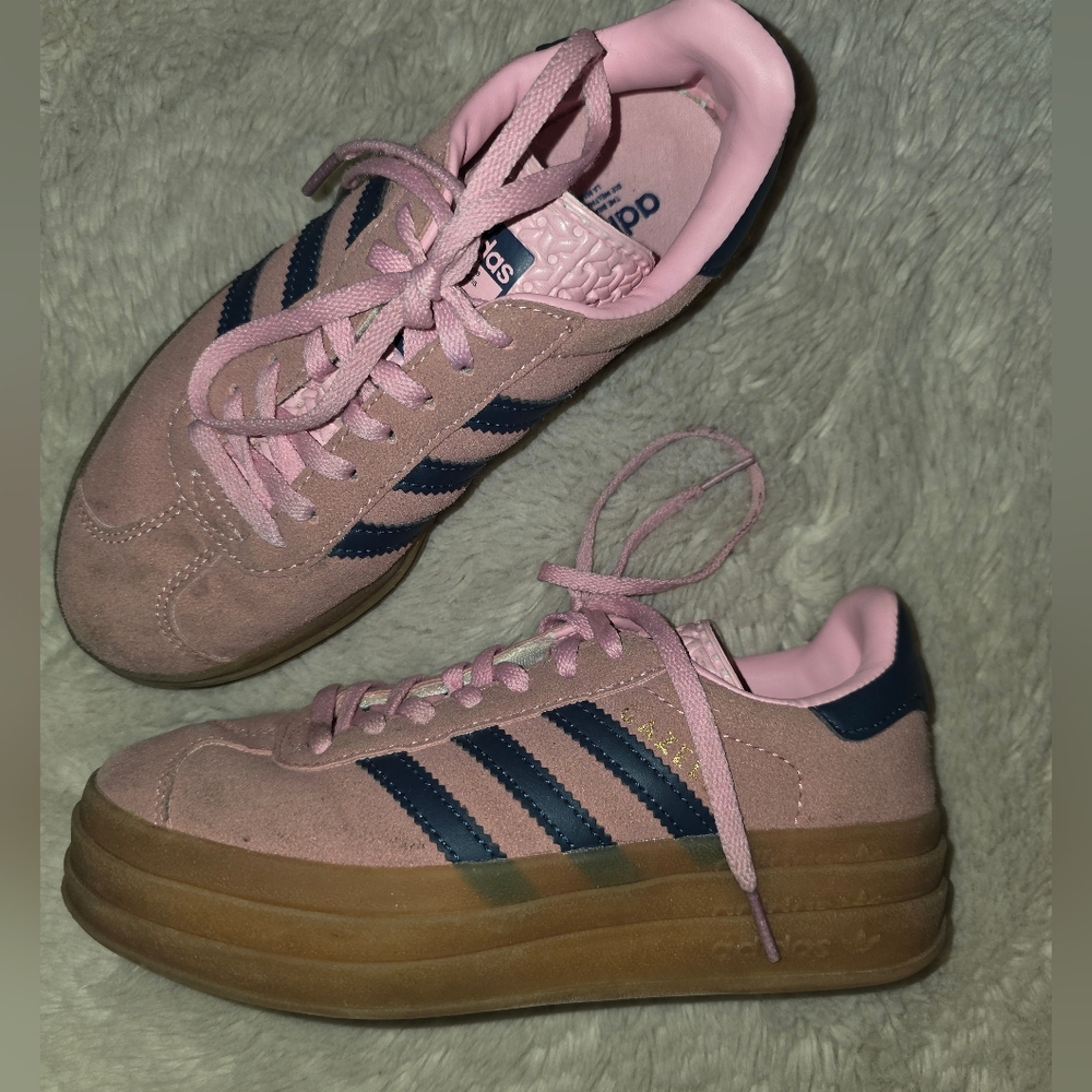 adidas Suede Gazelle Bold in Pink Glow With Blue Stripe Womens 5.5